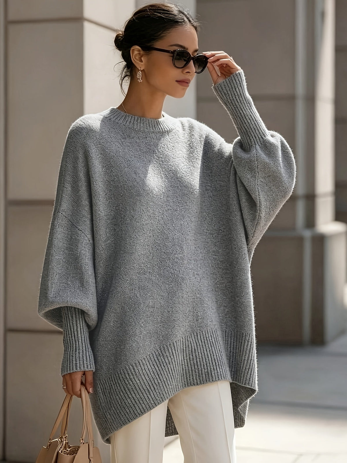 Mock Neck Drop Shoulder Asymmetric Hem Oversized Knit Sweater 14