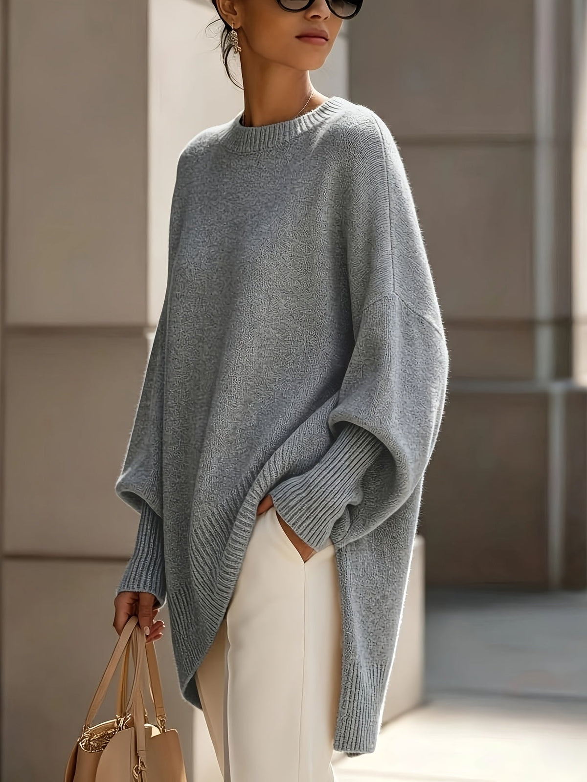 Mock Neck Drop Shoulder Asymmetric Hem Oversized Knit Sweater 15