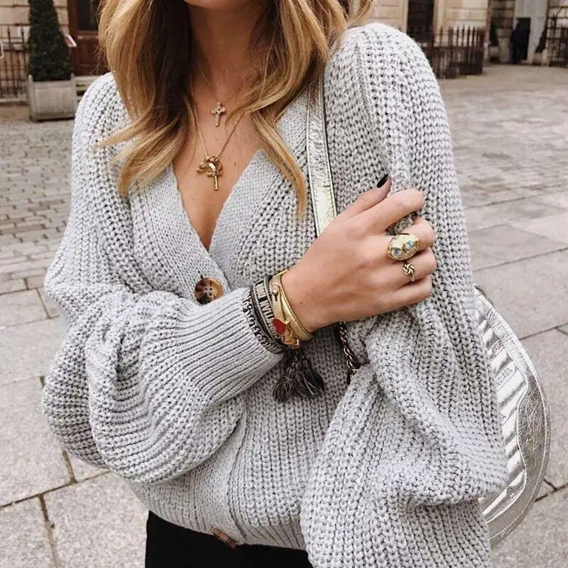 Grey Cozy Soft Knit Button VNeck Basic Autumn Winter Cardigan