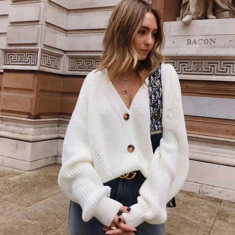 Grey Cozy Soft Knit Button VNeck Basic Autumn Winter Cardigan