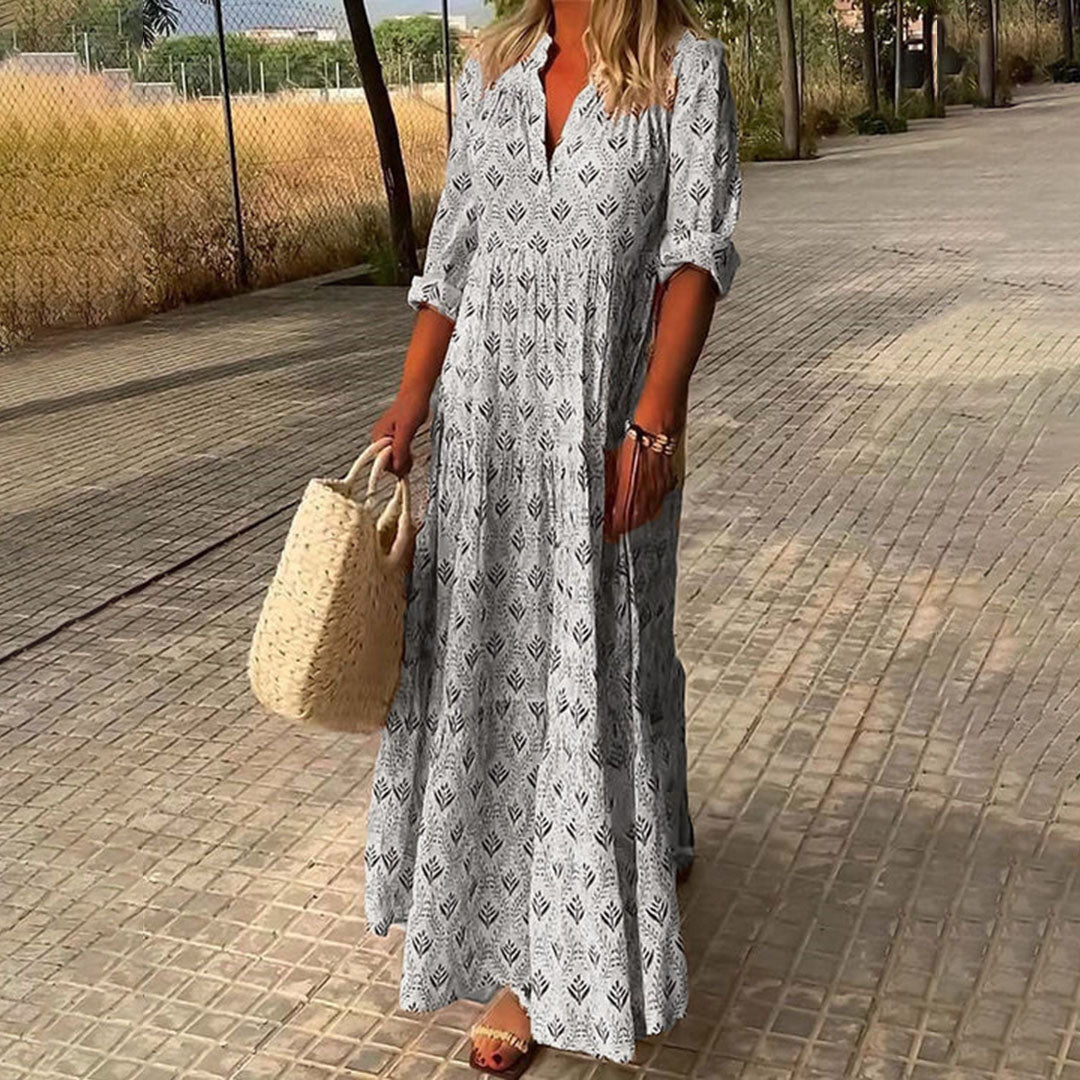 V-Neck Geometric Print Long Sleeve Tiered Flowy Maxi Dress