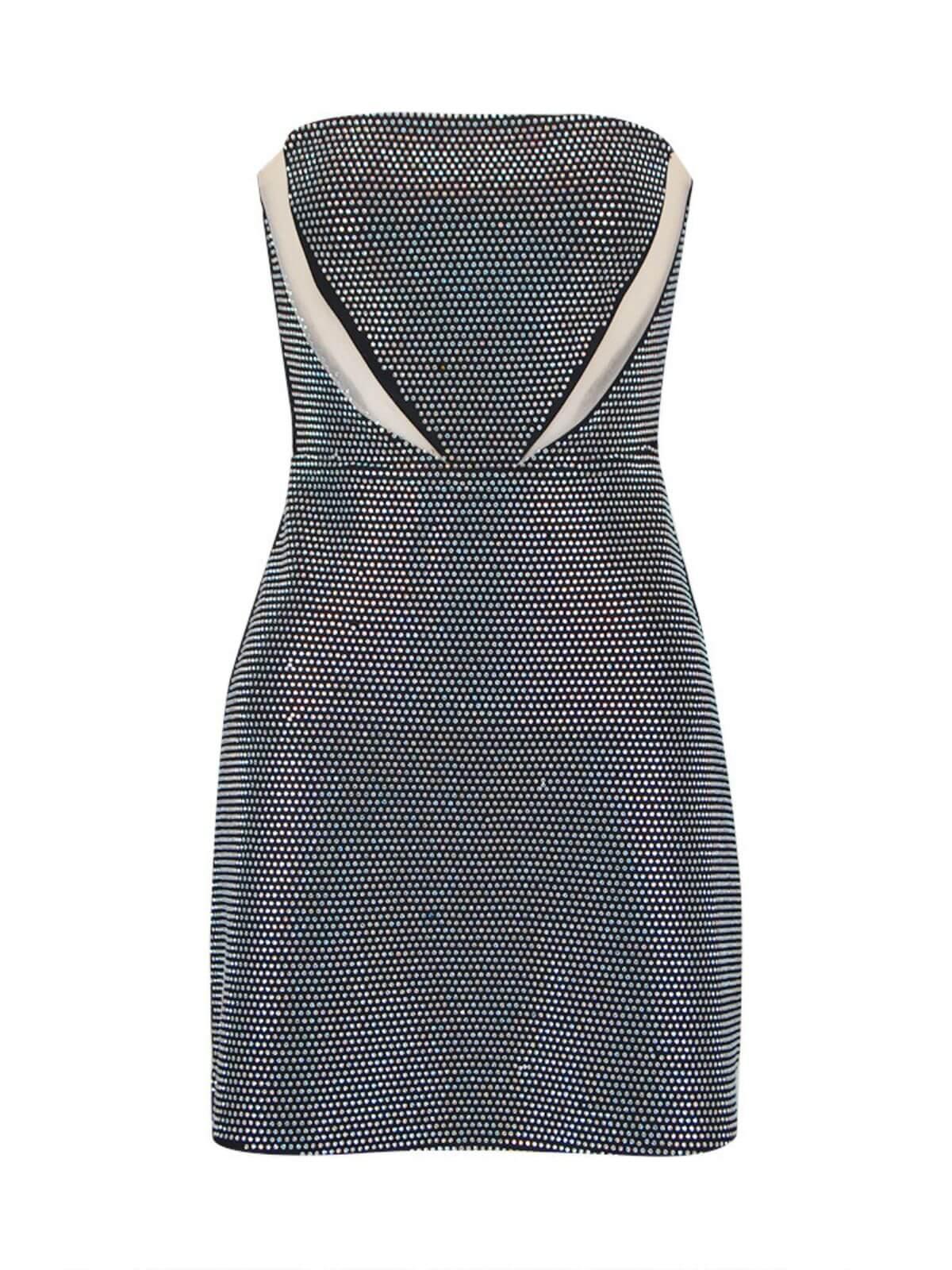 Strapless Rhinestone Mesh Cutout Bandage Bodycon Mini Dress