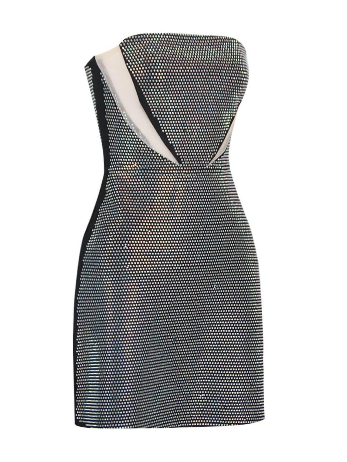 Strapless Rhinestone Mesh Cutout Bandage Bodycon Mini Dress