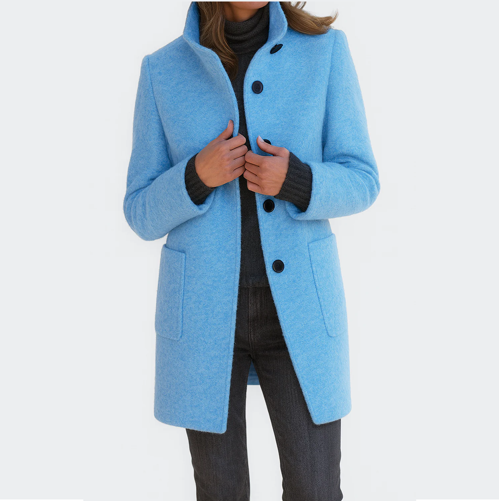 Stand Collar Button Front Patch Pocket Wool Coat 8