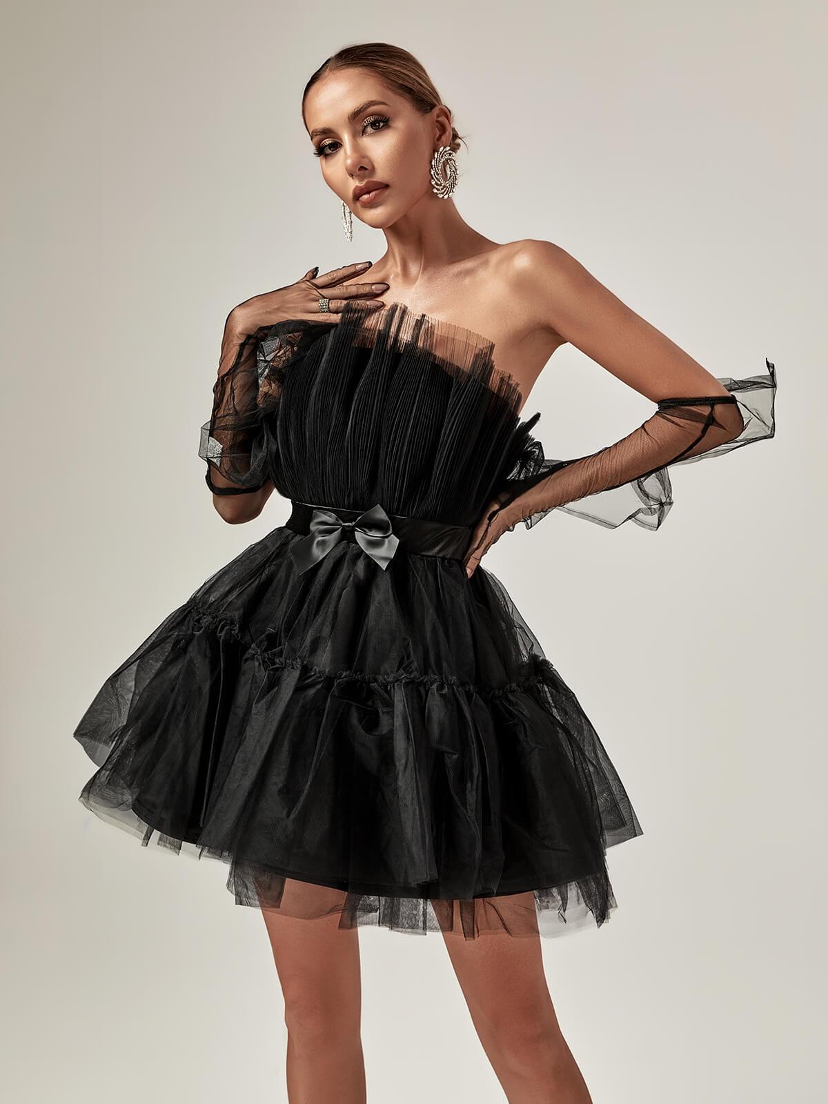 Strapless Pleated Mesh Bow Tiered Tulle Fit and Flare Mini Dress