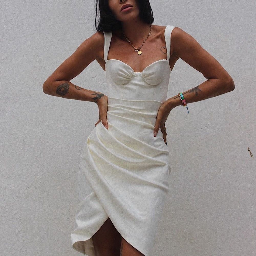 White Sweetheart Thick Strap Ruched Satin High Slit Bodycon Midi Dress