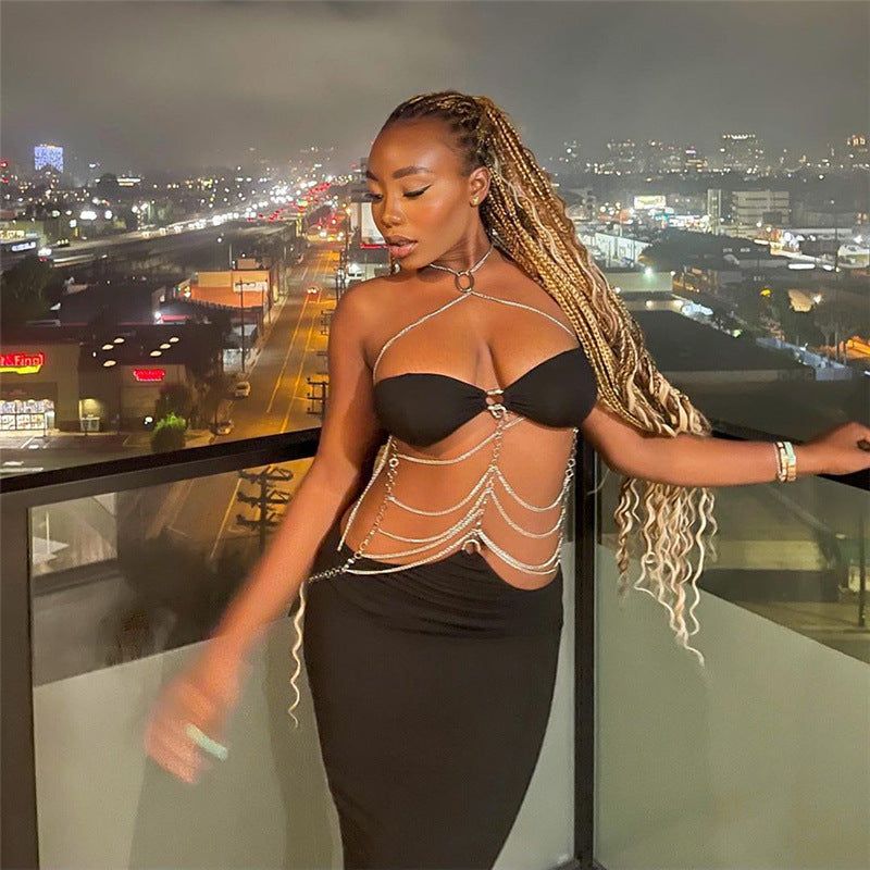 Black Halter Neck Rhinestone Chain Cutout Backless Bodycon Maxi Dress