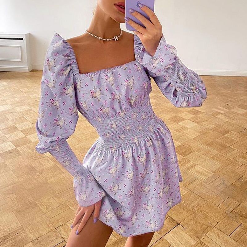Purple Square Neck Puff Sleeve Floral Smocked Waist A-Line Mini Dress