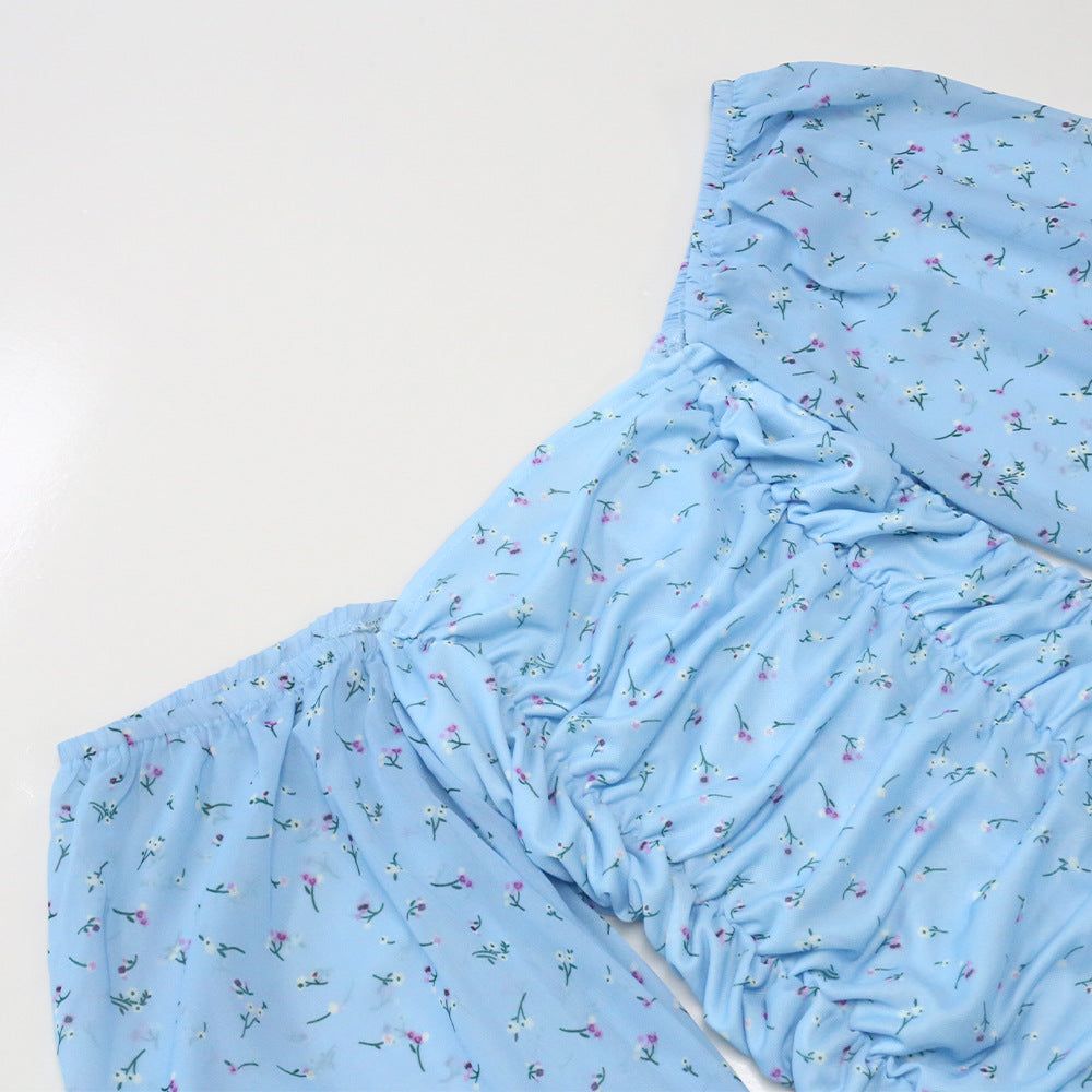 Blue Square Neck Puff Sleeve Floral Ruched Bodycon Mini Dress