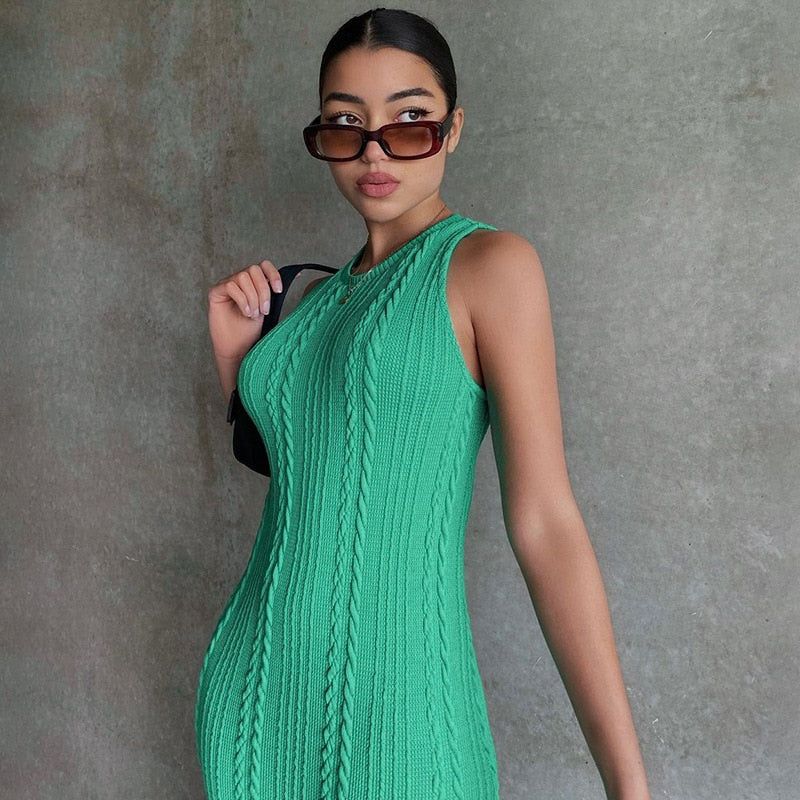 Green Round Neck Sleeveless Cable Knit Ribbed Bodycon Midi Dress 3