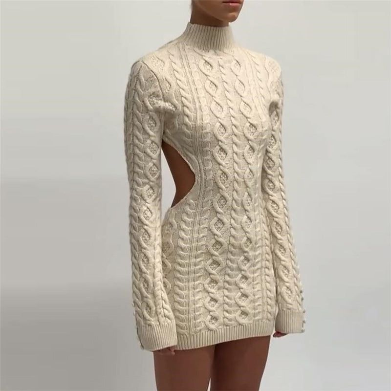 Beige Long Sleeve Cable Knit Backless Bodycon Mini Dress 8