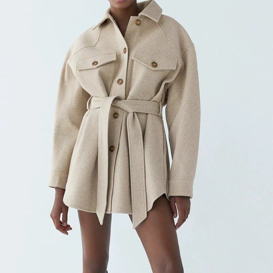 Beige Collared Pocket Front Belted Wool Shirt Jacket