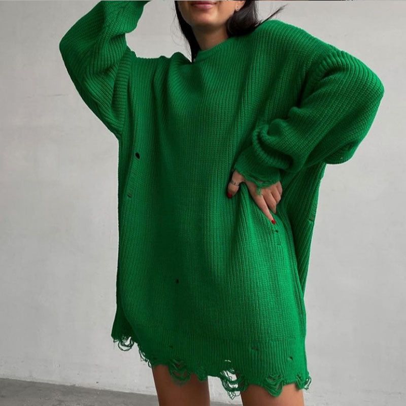 Crew Neck Distressed Hem Ribbed Knit Sweater Dress 2