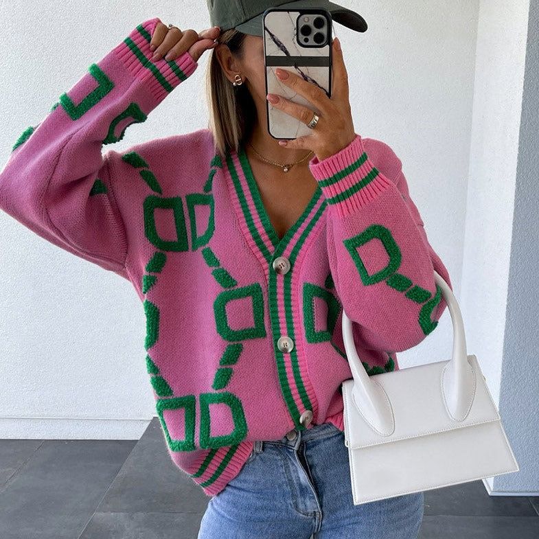 V-Neck Button Front Geometric Pattern Knit Cardigan
