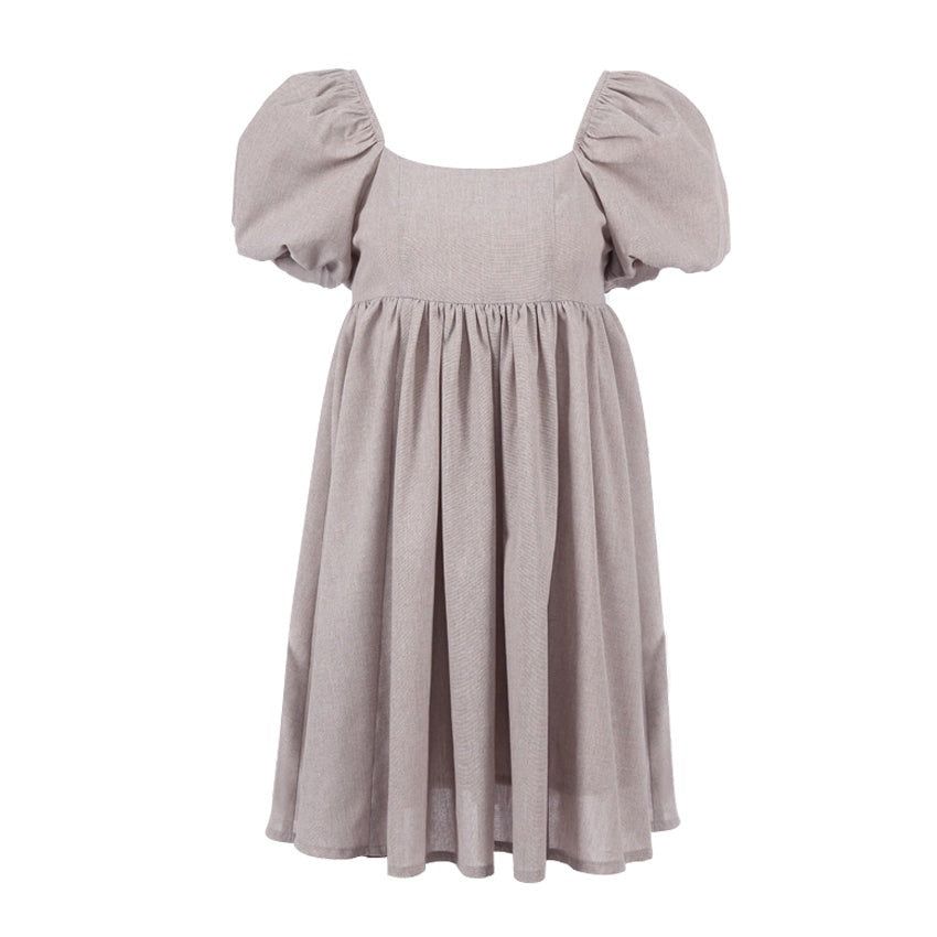 Khaki Square Neck Puff Sleeve Linen Babydoll A-Line Mini Dress