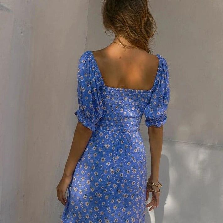 Blue Square Neck Puff Sleeve Floral Print Shirred Waist Slit Maxi Dress