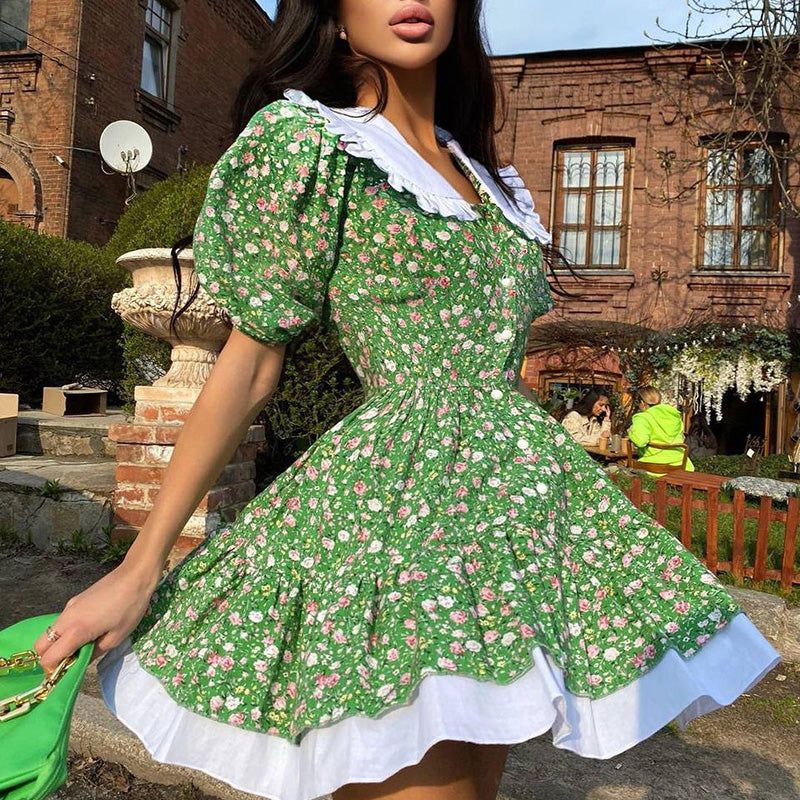 Green Ruffle Collar Puff Sleeve Floral Button Front Tiered Mini Dress