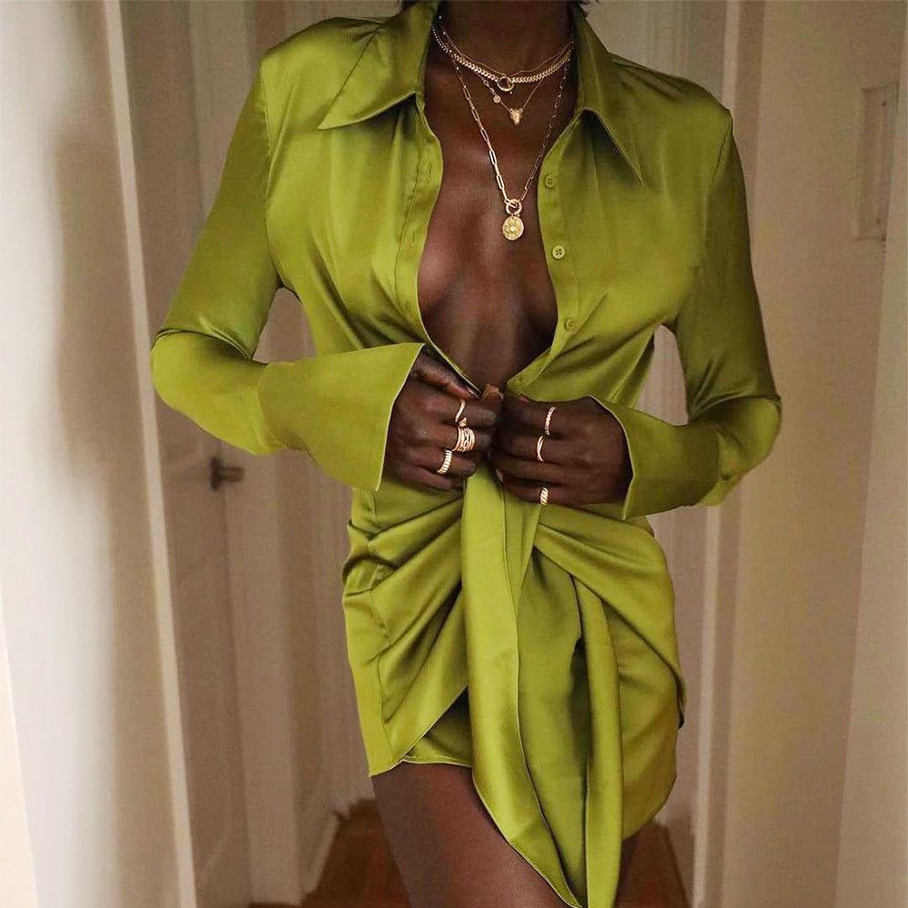 Collared Long Sleeve Satin Button Front Tie Waist Shirt Mini Dress