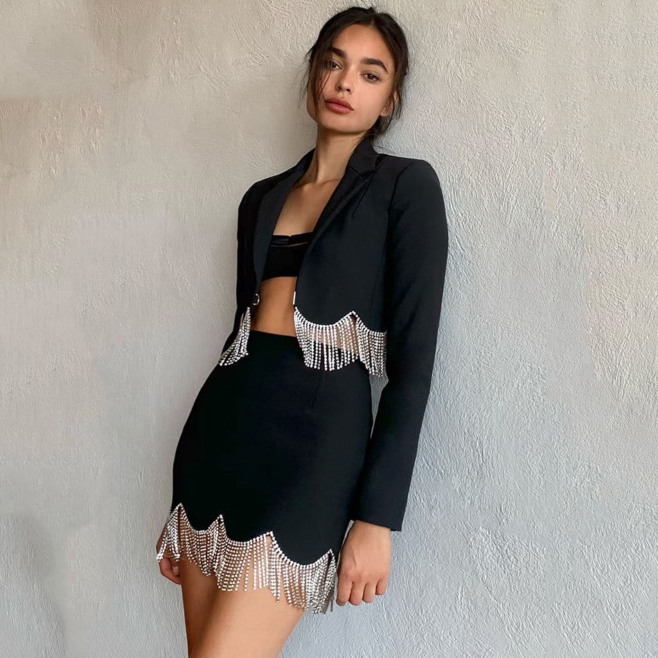 Black Crystal Fringe Hem Cropped Blazer and Mini Skirt Set