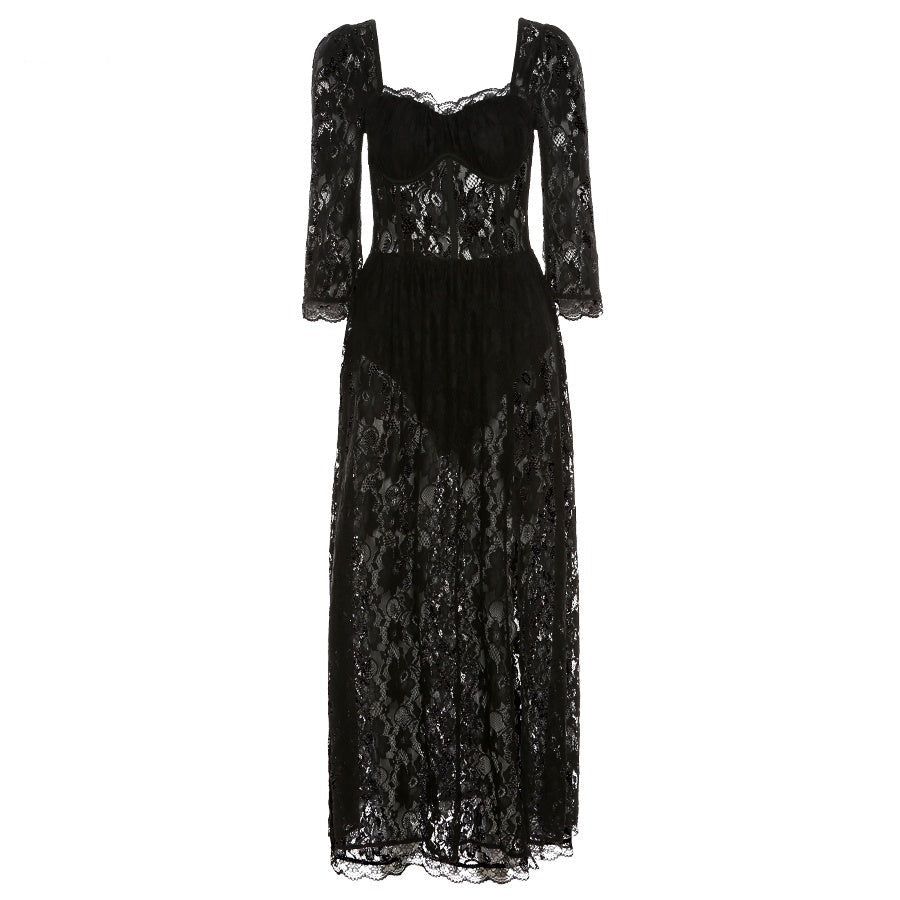 Black Sweetheart Neck Long Sleeve Lace Corset High Slit Maxi Dress