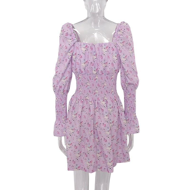 Purple Square Neck Puff Sleeve Floral Smocked Waist A-Line Mini Dress