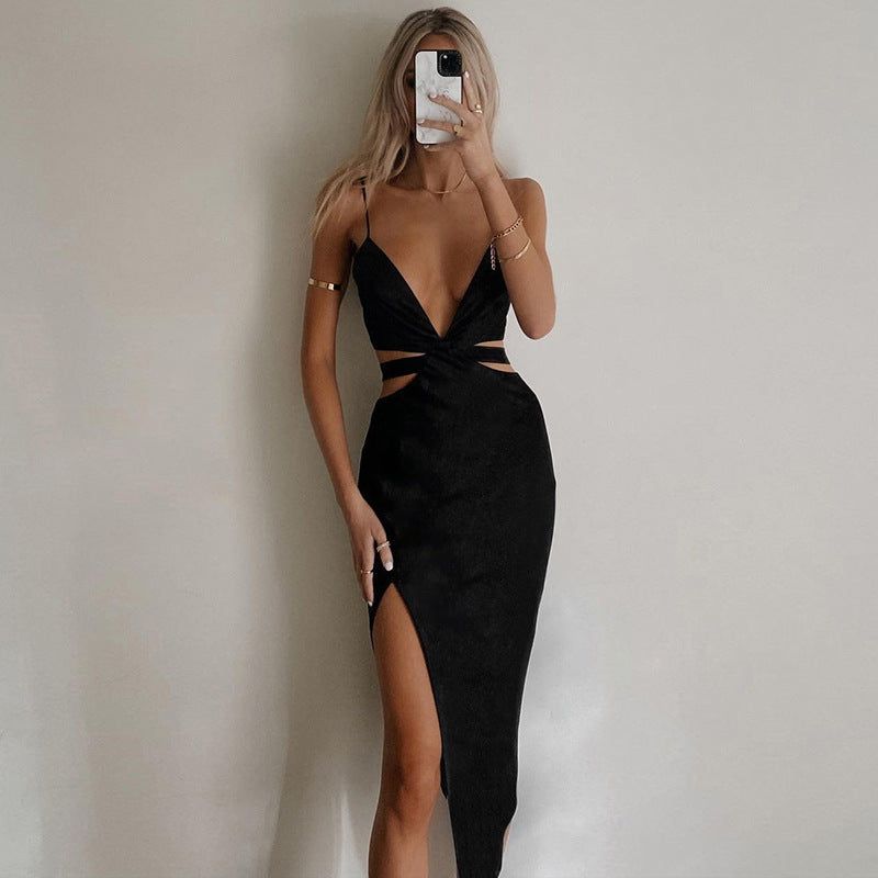 Black Spaghetti Strap Plunge Twist Cutout High Slit Bodycon Midi Dress