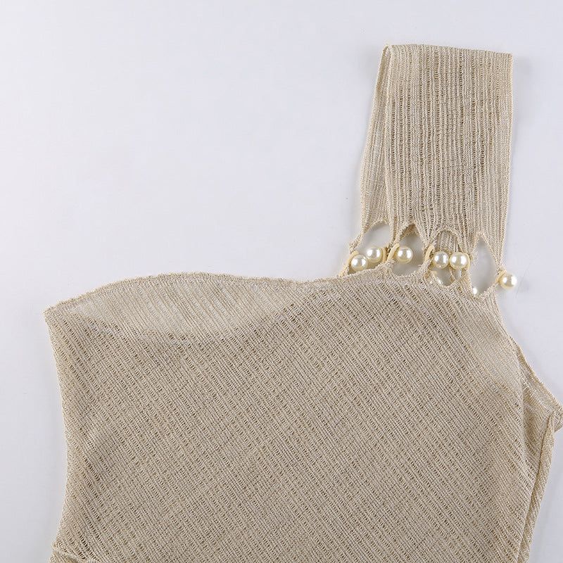 On Vacay One Shoulder Backless Pearl Dress