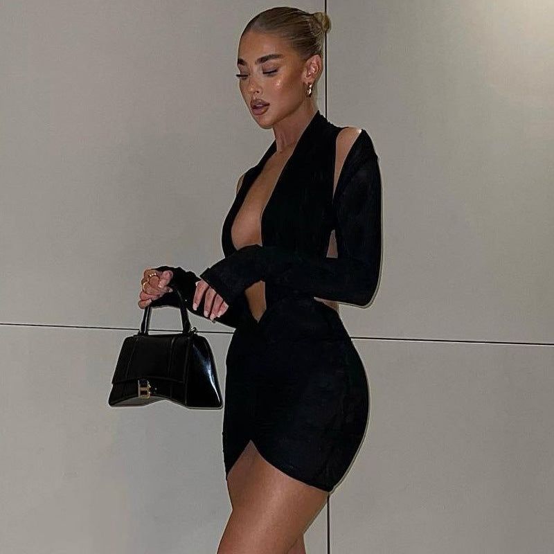 Black Plunge Neck Long Sleeve Cold Shoulder Cutout Bodycon Mini Dress