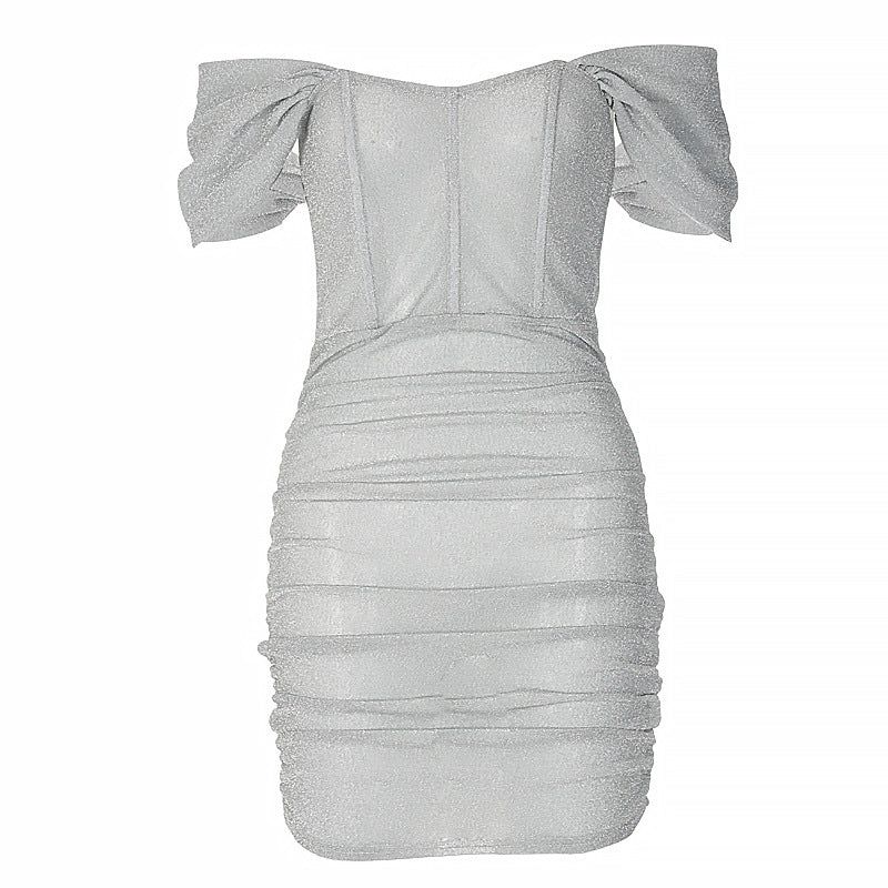Off-Shoulder Puff Sleeve Glitter Corset Ruched Bodycon Mini Dress 7
