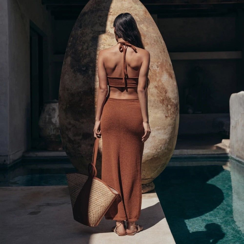 Halter Neck Twist Cutout Backless Knit Bodycon Maxi Dress