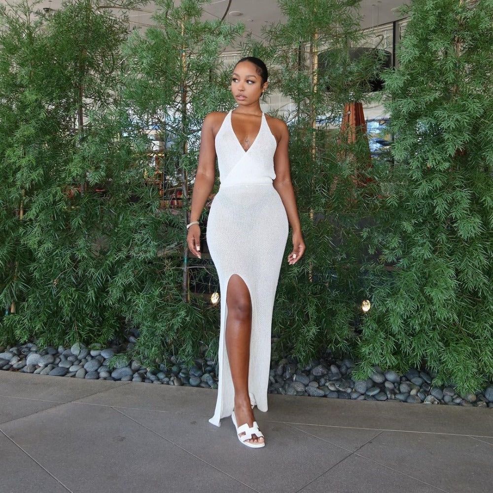 White V-Neck Sheer Crochet Knit High Slit Maxi Dress