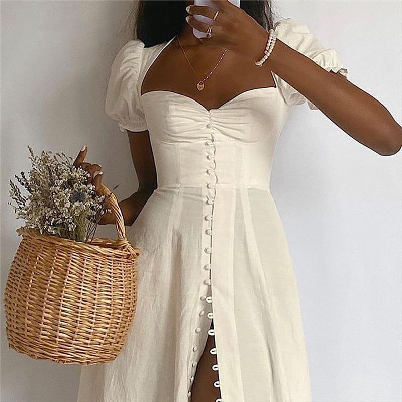 White Square Neck Puff Sleeve Ruched Button Front A-Line Midi Dress