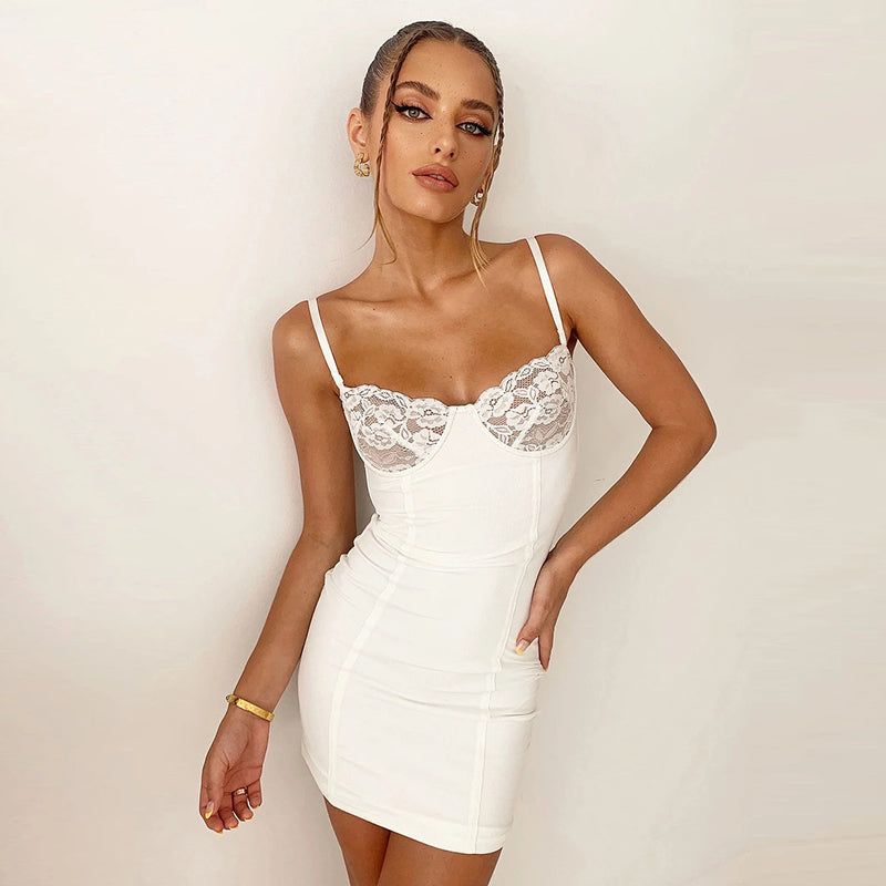 Spaghetti Strap Lace Cup Bustier Ribbed Bodycon Mini Dress