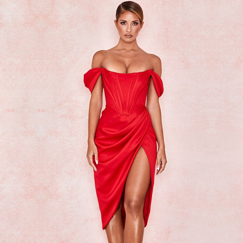 Off-Shoulder Puff Sleeve Corset Satin Ruched High Slit Maxi Dress