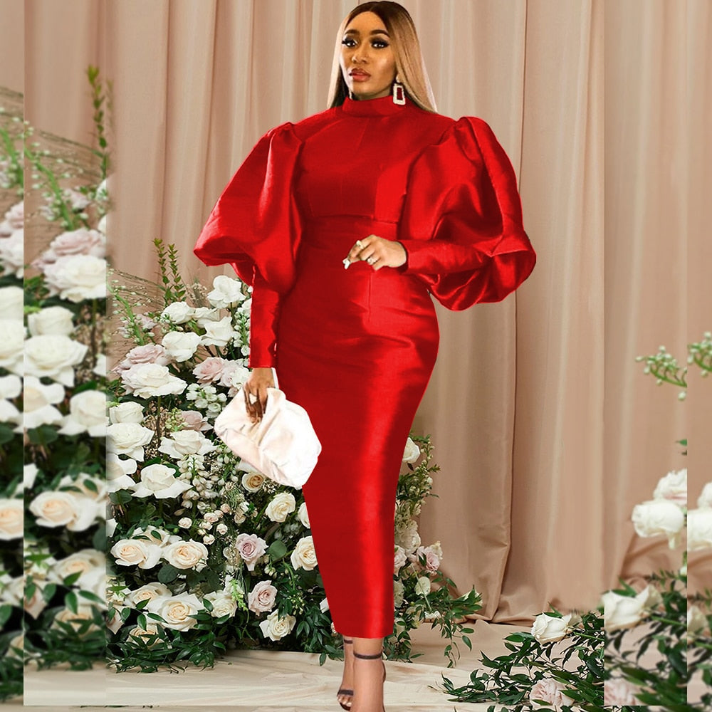 Long Lantern Dress Christmas High Collar Bodycon Sexy Shiny Celebrate Occasion