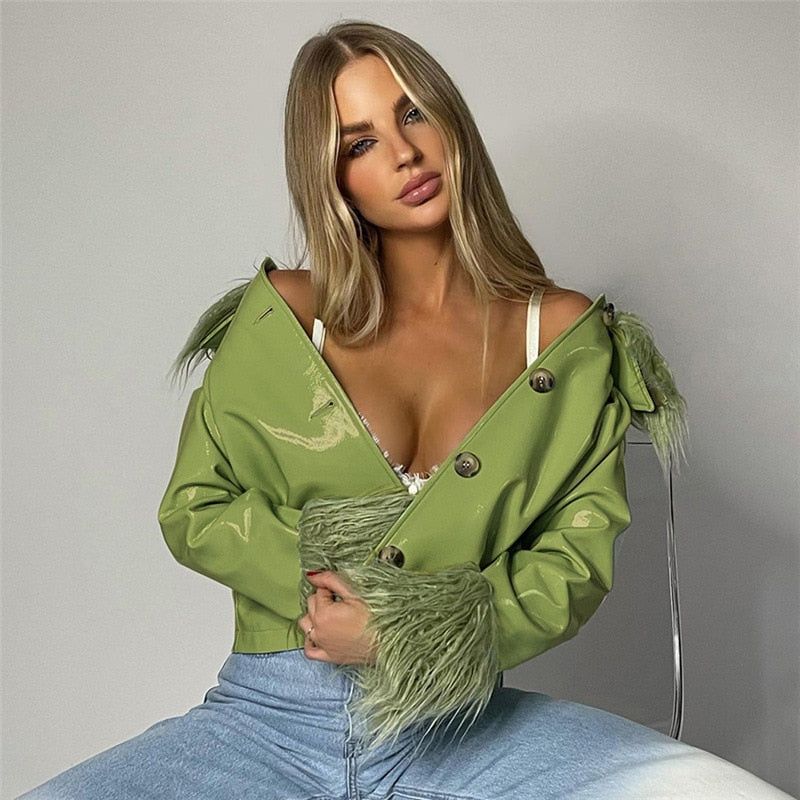 Faux Fur Collar Cuff Button Faux Leather Jacket