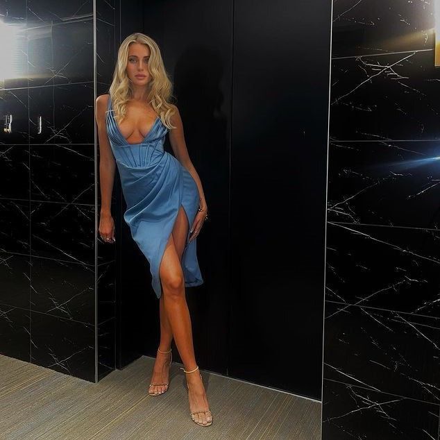 Deep Plunge Corset Satin Ruched High Slit Bodycon Mini Dress