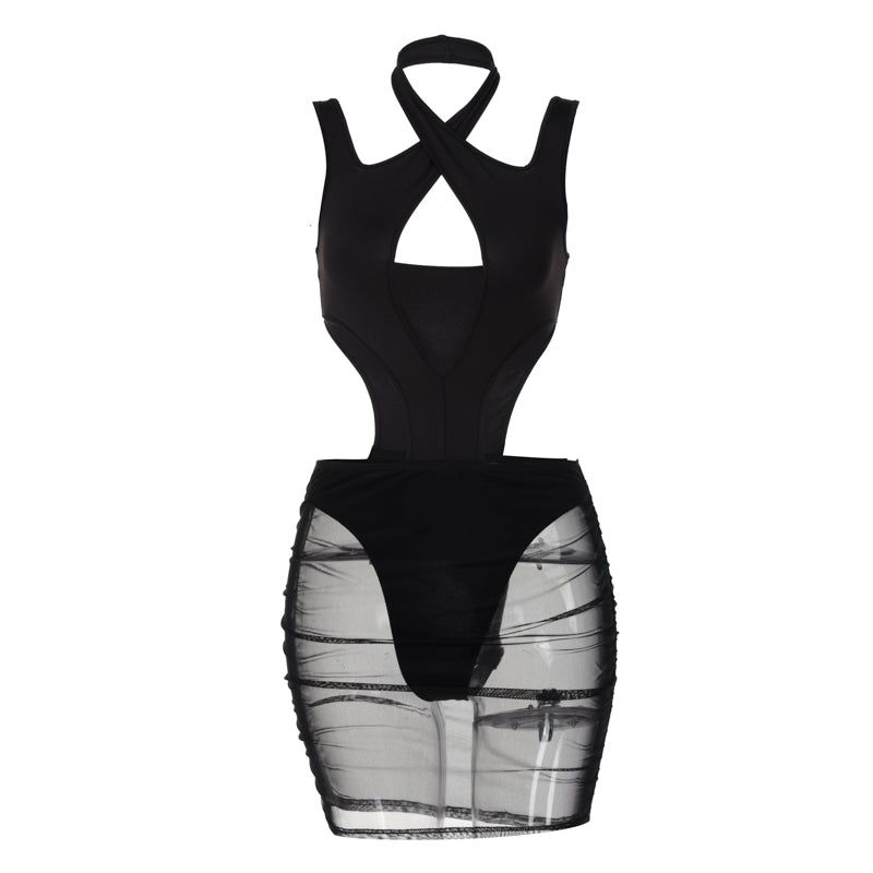 Halter Cross Front Cutout Sheer Mesh Bodycon Mini Dress
