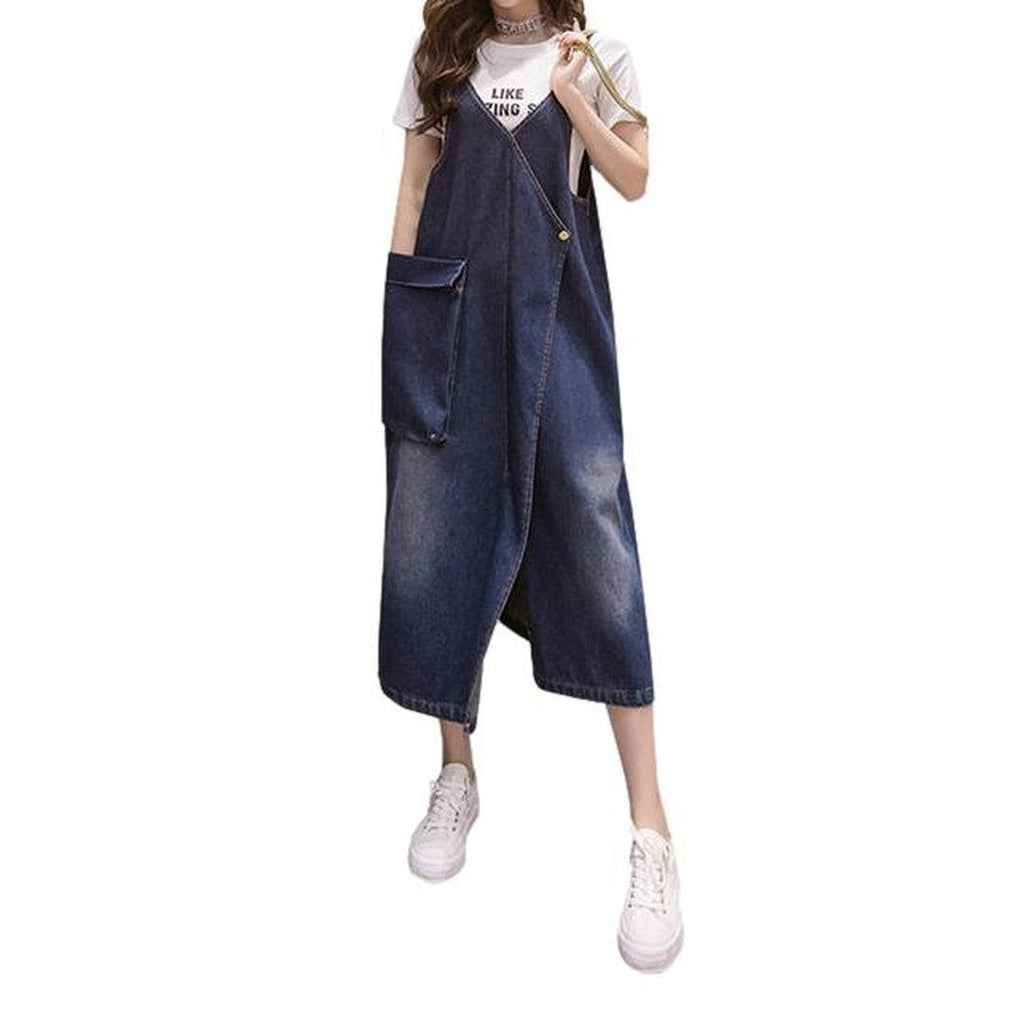Dark Blue Strap Asymmetric Pocket Denim Pinafore Midi Dress 2