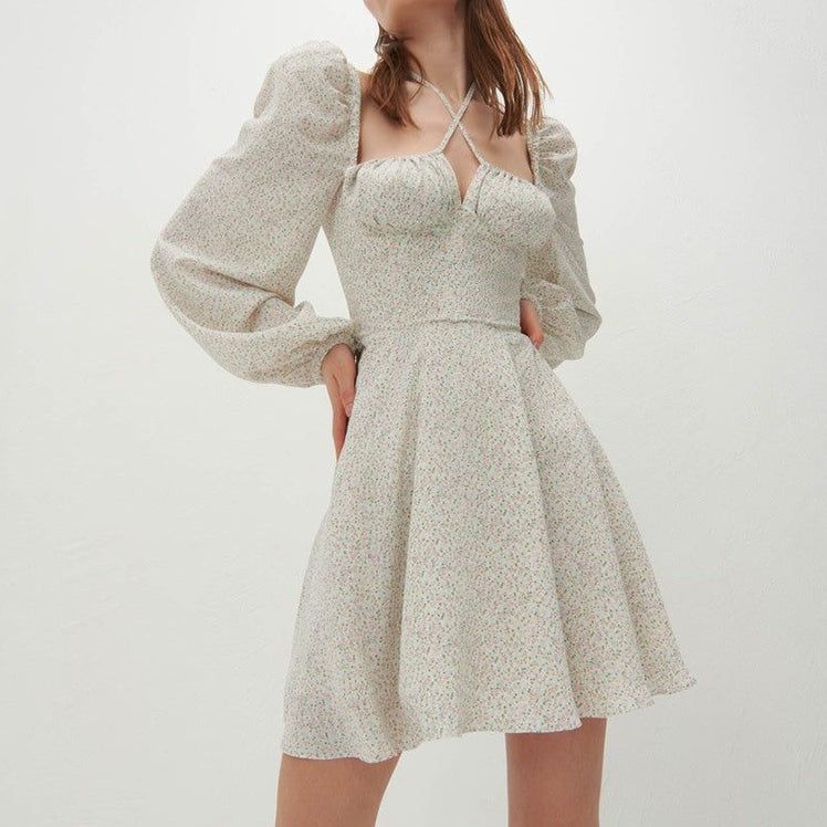 Floral Halter Tie Puff Sleeve Sweetheart A-Line Mini Dress