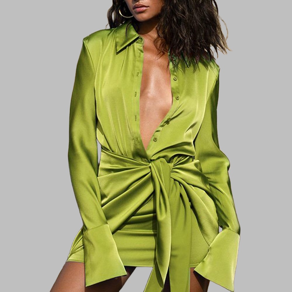 Collared Long Sleeve Satin Button Front Tie Waist Shirt Mini Dress