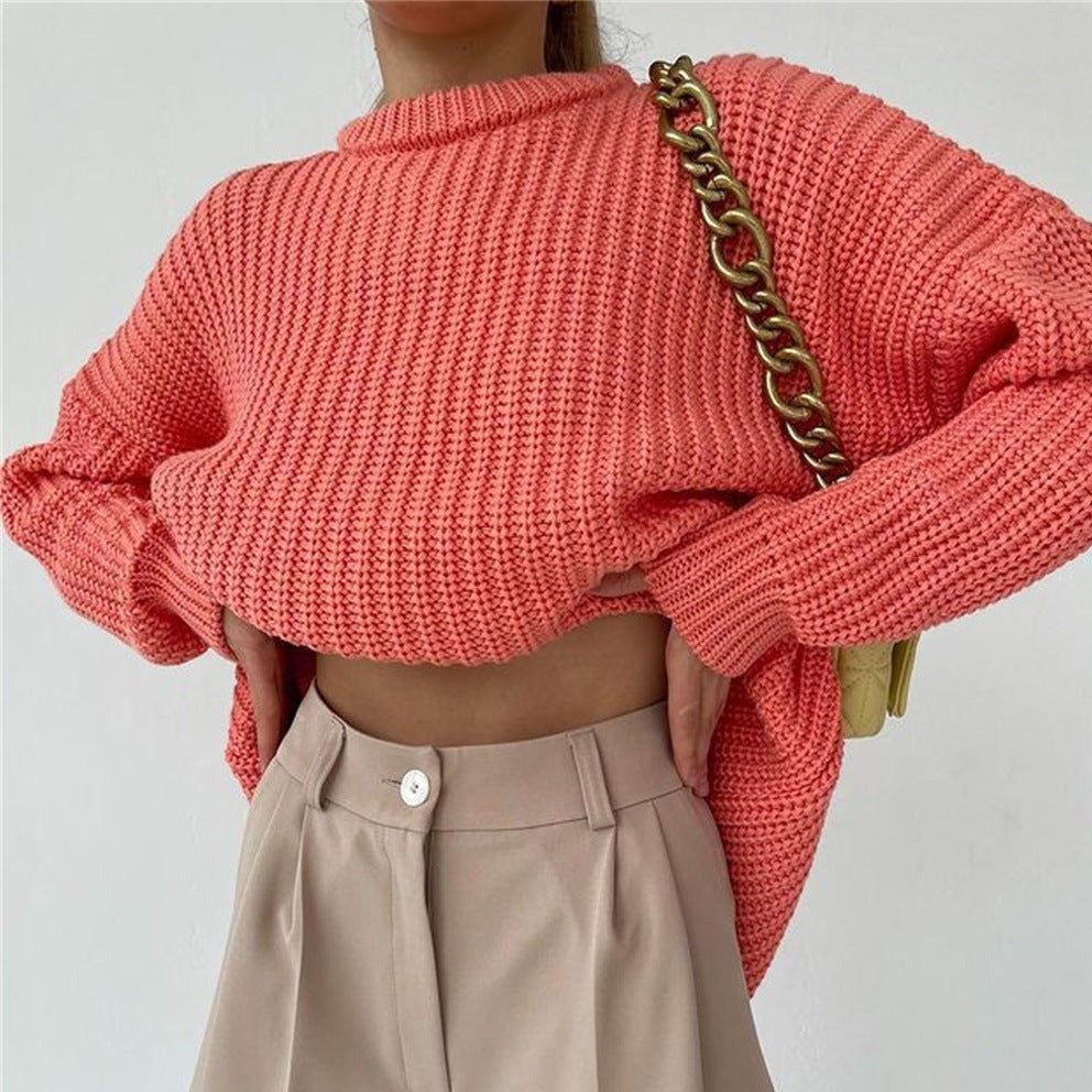 Mock Neck Chunky Ribbed Knit Long Sleeve Cropped Sweater