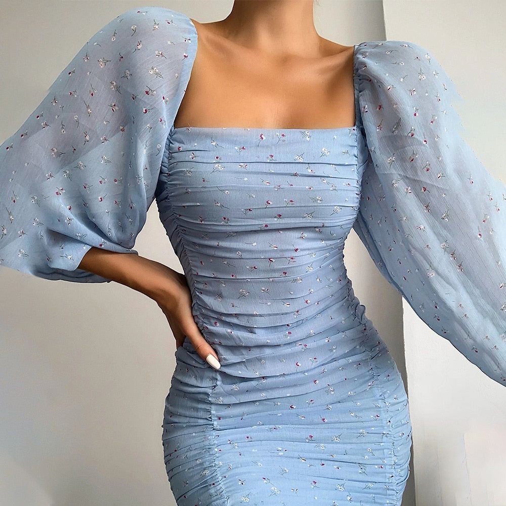 Blue Square Neck Puff Sleeve Floral Ruched Bodycon Mini Dress