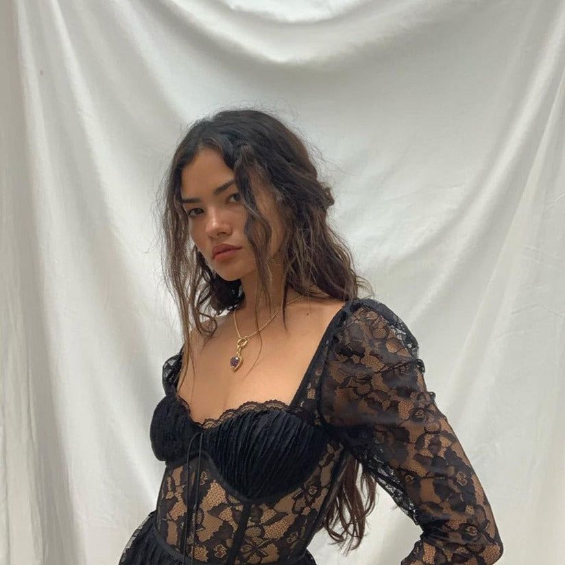Black Sweetheart Neck Sheer Lace Corset Long Sleeve High Slit Maxi Dress 4