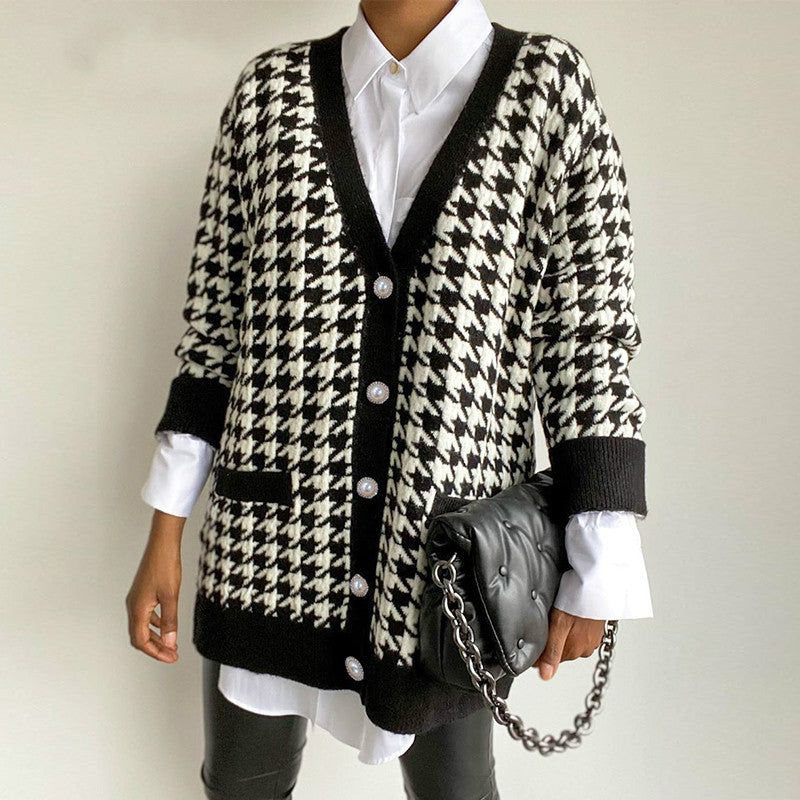 Black V-Neck Houndstooth Pattern Pearl Button Knit Cardigan 2