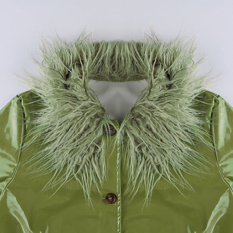 Faux Fur Collar Cuff Button Faux Leather Jacket