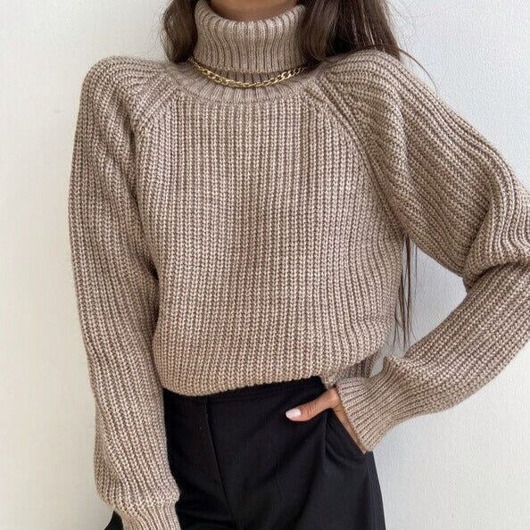Beige Turtleneck Chunky Rib Knit Long Sleeve Pullover Sweater