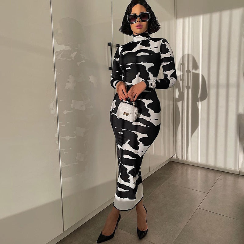 Long Sleeve Printed Bodycon Pencil Long Dress