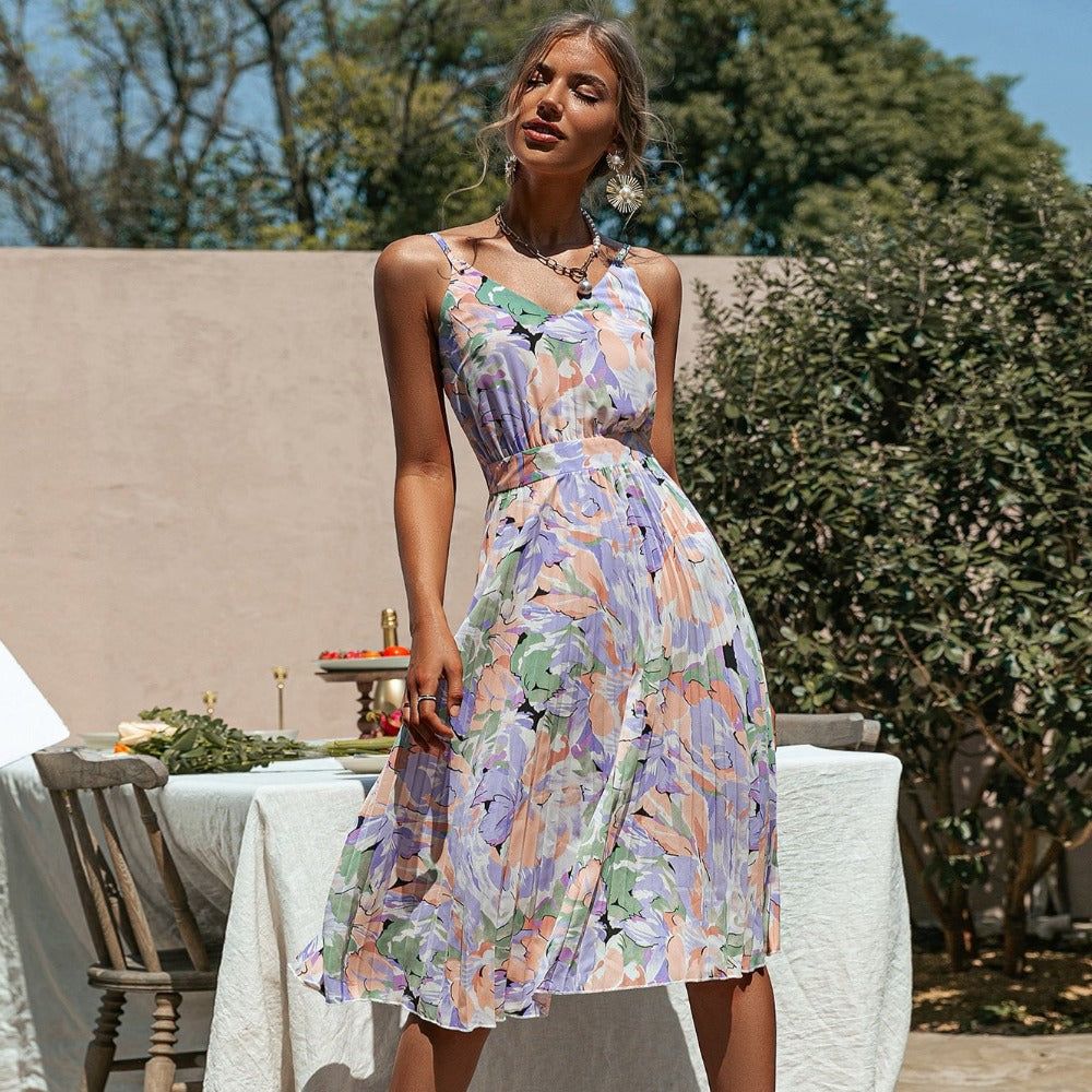 Purple V-Neck Spaghetti Strap Floral Print Pleated A-Line Midi Dress