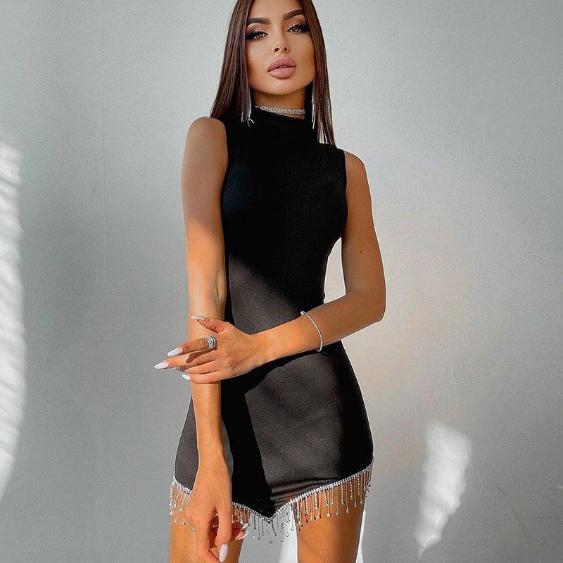 High Neck Sleeveless Rhinestone Tassel Hem Bodycon Mini Dress